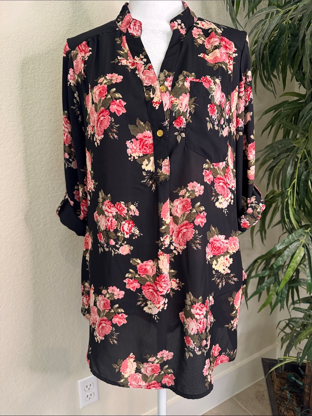 Black Floral Split V-Neck Women's Top/Blouse Long Sleeve or 3/4 Sleeve
